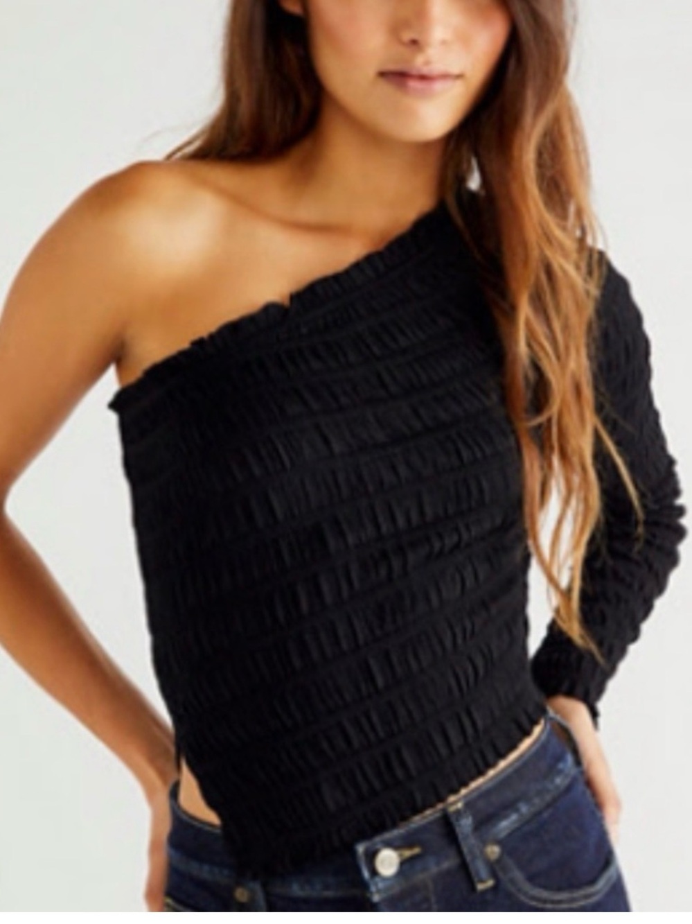 Free People XS Black Jasmine One Shoulder Cropped Textured Top Whimsigoth Y2K